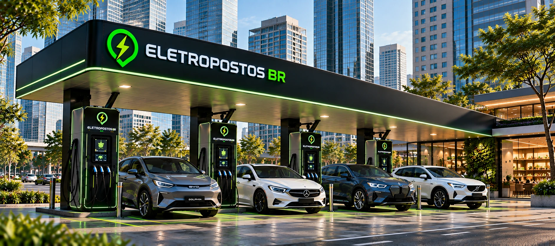 Eletroposto com carros elétricos carregando em área urbana